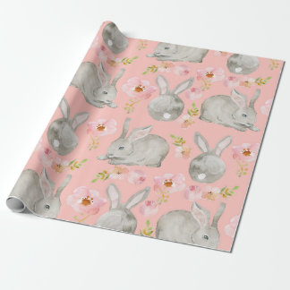 Papier Cadeau Rose. Lapins et fleurs.