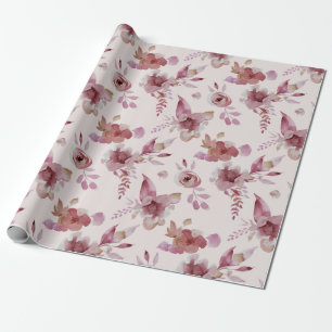 Papier Cadeau Rose Mauve Élégant Floral Chic Fille Baby Shower