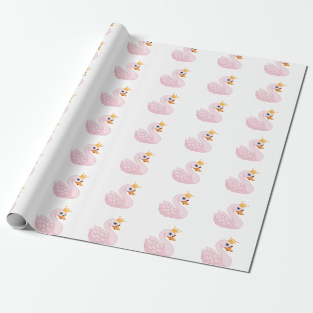 Papier Cadeau Rose mignonne princesse cygne blanc fille d'annive (Déroulé)