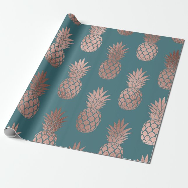 Papier Cadeau Rose moderne Gold Turquoise Motif d'ananas vert  (Déroulé)