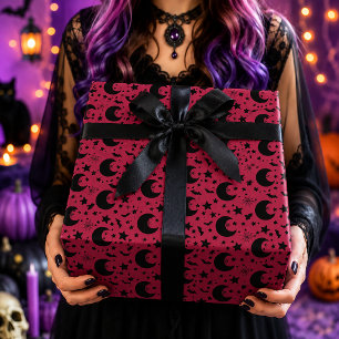 Papier Cadeau Rose noir céleste croissant de lune Halloween Patt
