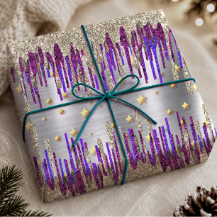 Papier Cadeau Rose Pailleté Violet Or Dégoulinures Fantaisistes