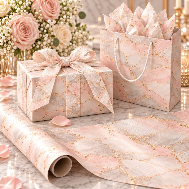 Papier Cadeau Rose Pâle & Argent Kintsugi (Blush marble wrapping paper makes a lovely statement on wedding gifts and special surprises.)