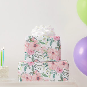 Papier Cadeau Rose Pâle Élégant Aquarelle Fleurs Feuilles Blanch