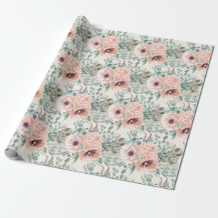 Papier Cadeau Rose Pâle Élégant avec Feuillage Vert Sauge Floral