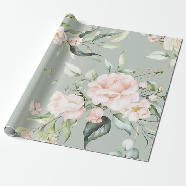 Papier Cadeau Rose Pâle Élégant Eucalyptus Vert (Déroulé)