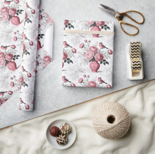 Papier Cadeau Rose Pâle et Blanc Motif Toile Chinoise