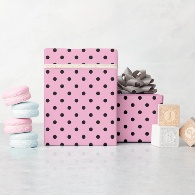 Papier Cadeau Rose Pâle et Points Noirs (Baby Shower)