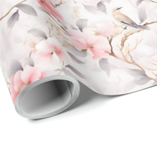 Papier Cadeau Rose Pâle Fleur Asiatique Oiseau