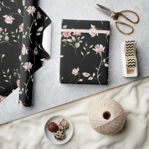 Papier Cadeau Rose Pâle Floral Aquarelle Noir