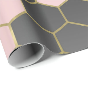 Papier Cadeau Rose Pâle Gris & Or Hexagone Moderne Glamour