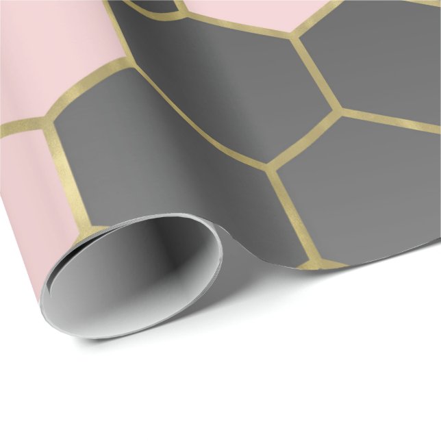 Papier Cadeau Rose Pâle Gris & Or Hexagone Moderne Glamour (Coin rond)