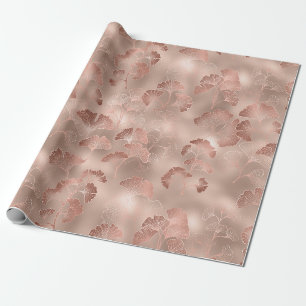 Papier Cadeau Rose Pâle Or Feuilles De Ginkgo Élégant Botanique