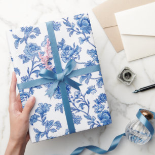 Papier Cadeau Rose Peony de la Chinoiserie Bleue et Blanche