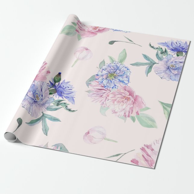 Papier Cadeau Rose poudré et aquarelle florale bleue (Déroulé)