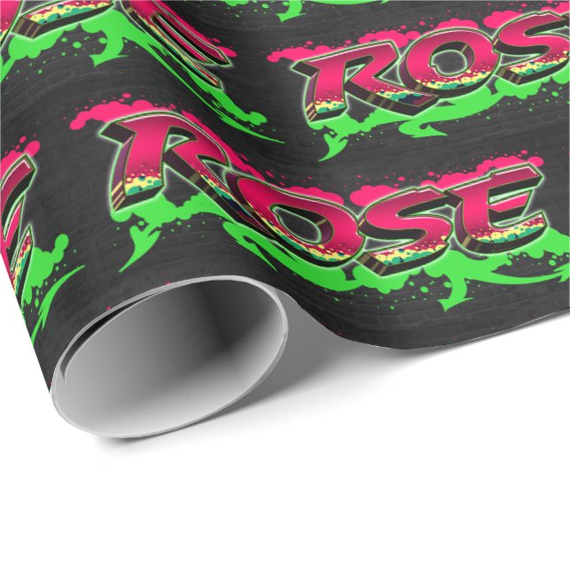 Papier Cadeau Rose prénom nom Graffiti rouge vert (Coin rond)