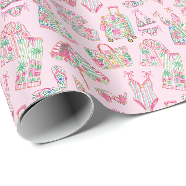 Papier Cadeau Rose Prépa et Vert Chic de Palm Beach (Coin rond)