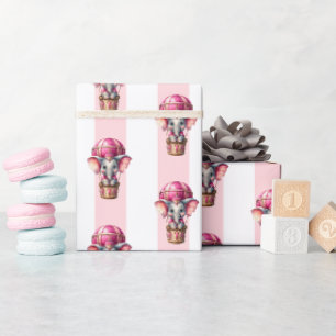 Papier Cadeau Rose & Rayure Blanche Éléphant