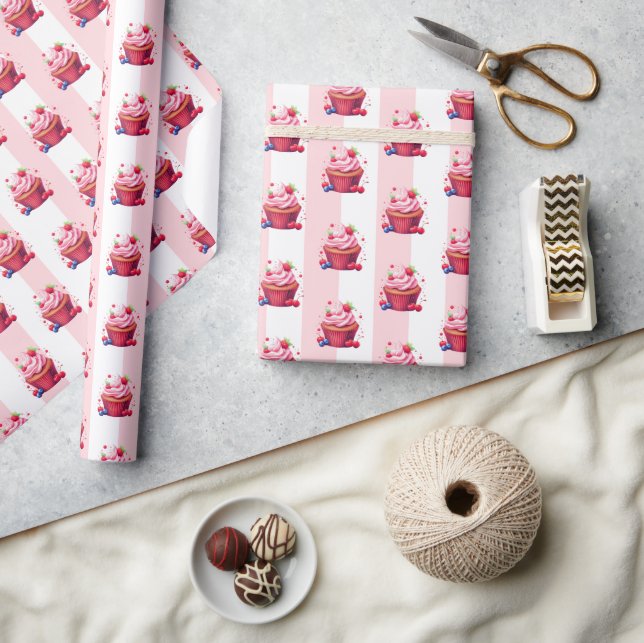 Papier Cadeau Rose & Rayure Blanche Gâteaux Roses (Artisanat)