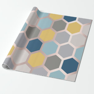 Papier Cadeau Rose rose jaune Géométrie bleu Honeycomb Hexagon