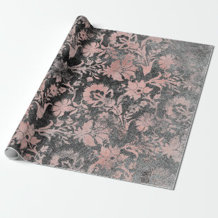 Papier Cadeau Rose rose rose vif or poudre florale Grungy noir