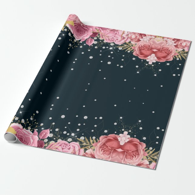 Papier Cadeau rose roses diamants marine bleu élégant (Déroulé)