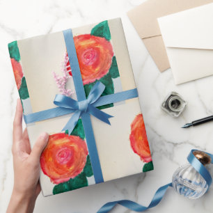 Papier Cadeau Rose rouge avec feuilles vertes