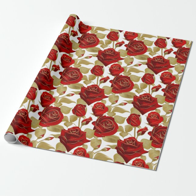Papier Cadeau Rose Rouge Et Or (Déroulé)