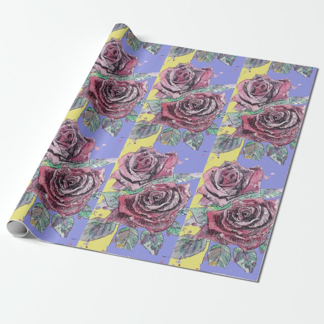 Papier Cadeau Rose rouge pourpre fleurs printemps Aquarelle (Déroulé)