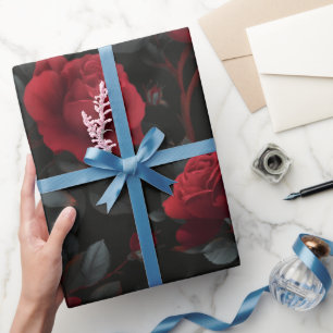 Papier Cadeau Rose Rouge Profond Élégante Motif Floral Noir