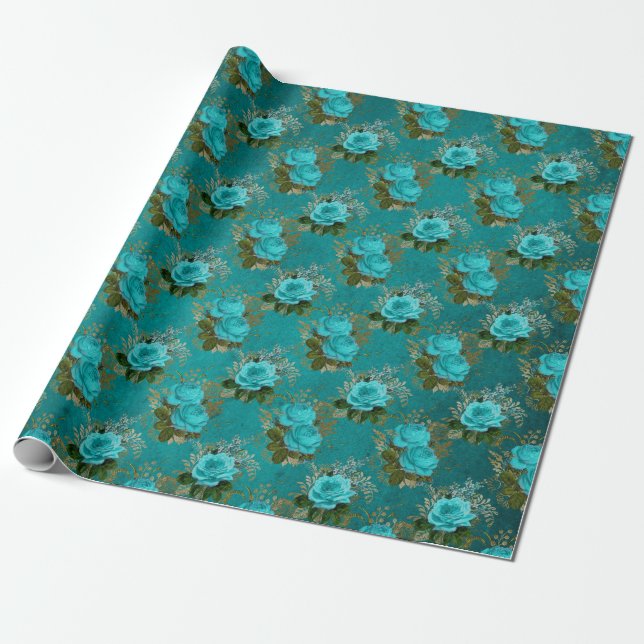 Papier Cadeau Rose sarcelle et or vintage (Déroulé)