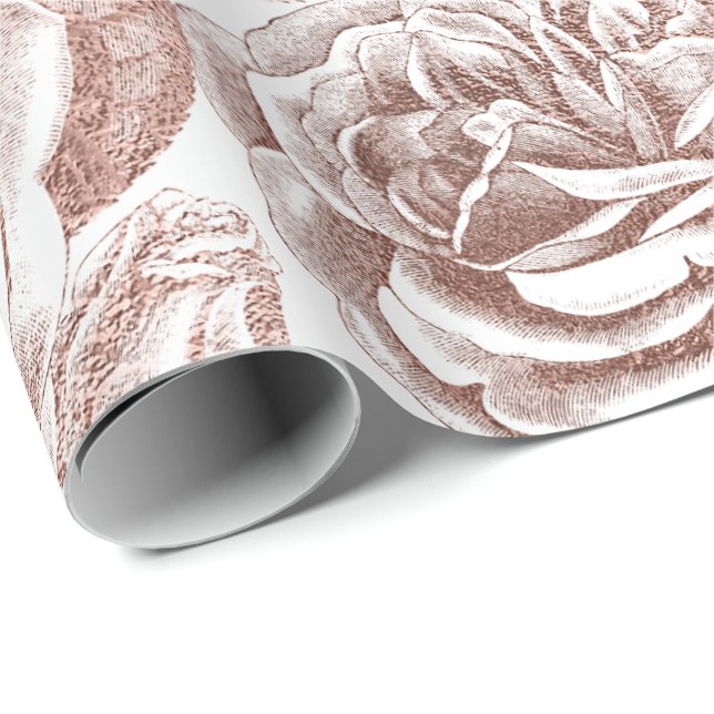 Papier Cadeau Rose Silver Grey Floral Blanc Rose Or Blush (Coin rond)