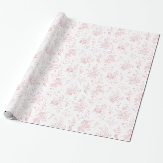 Papier Cadeau Rose Toile De Jouy Vintage Floral Chinoiserie (Déroulé)