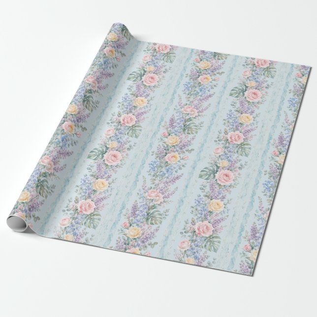 Papier Cadeau Rose Tropical Bleu Rayure Florale Cadeau (Déroulé)