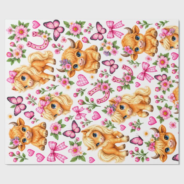Papier cadeau rose vache et poney Western Highland (Plat)