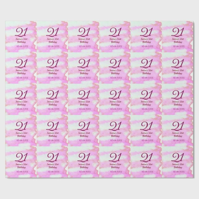 Papier Cadeau Rose vert pastel 21e anniversaire simple nom date  (Plat)