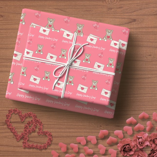 Papier Cadeau Rose vif avec ours, Coeurs et message personnalisé (Blush Pink with Bear, Hearts, and Custom Message Wrapping Paper)