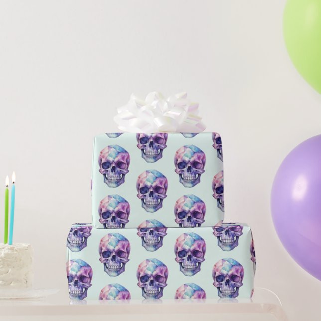 Papier Cadeau Rose Violet Bleu Crâne Vert Clair Halloween (Cadeaux de fête)