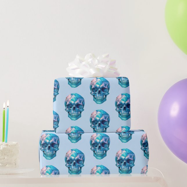 Papier Cadeau Rose Violet Crâne Bleu Clair Halloween (Cadeaux de fête)