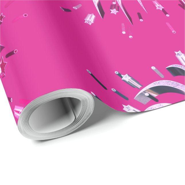 Papier Cadeau Rose violet étoiles Feu d'artifice Élégant Festif (Coin rond)