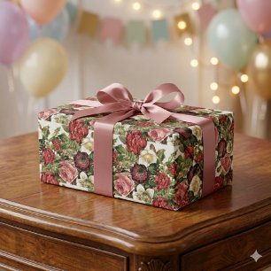 Papier Cadeau Roses Anciennes sur Découpage Blanc ou Cadeau