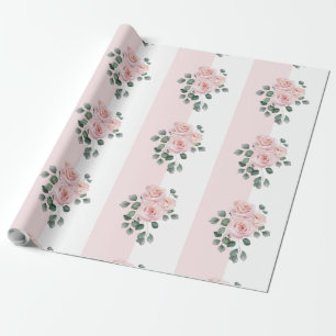 Papier Cadeau Roses aquarelles à rayures roses et blanches
