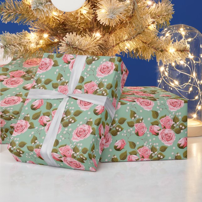 PAPIER CADEAU ROSES BÉBÉ ROSE ÉGAYÉES SUR FOND KEPPEL  (Vacances)
