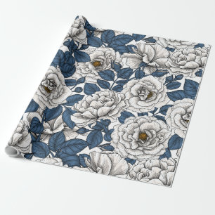 Papier Cadeau Roses blanches avec feuilles bleus sur blanc