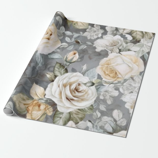 Papier Cadeau Roses blanches crémeuses Vintages (Déroulé)