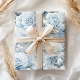 Papier Cadeau Roses Bleues Douces Pastel Mariage de Rêve