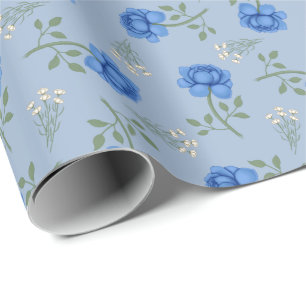 Papier Cadeau Roses Bleues sur Calicot Surdimensionné Bleu Clair