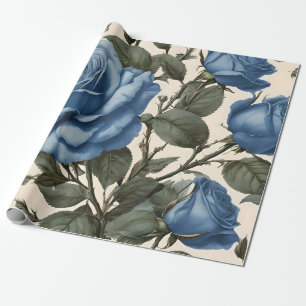Papier Cadeau Roses Bleus Et Feuilles Verts,