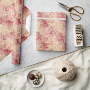 Papier Cadeau roses bordeaux vintages et damas baroque d'or