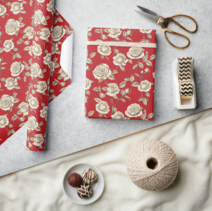 Papier Cadeau Roses Crème sur Toile De Jouy Rouge